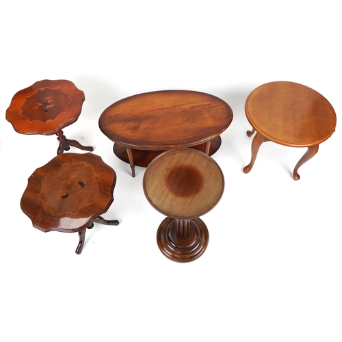 1210 - Mahogany occasional furniture comprising inlaid oval coffee table with under tier, pair of Italian s... 