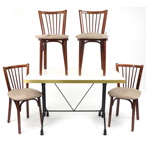 1024 - Contemporary rectangular bistro or dining table with four mahogany chairs with cushioned seats, the ... 