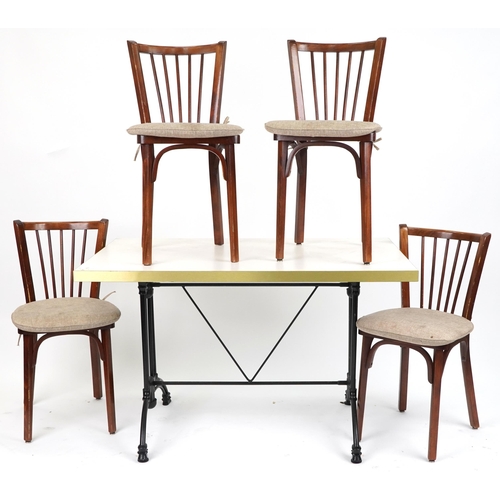 1146 - Contemporary rectangular bistro or dining table with four mahogany chairs with cushioned seats, the ... 