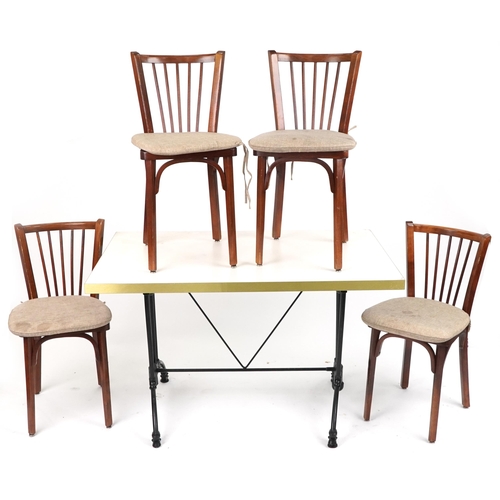 1109 - Contemporary rectangular bistro or dining table with four mahogany chairs with cushioned seats, the ... 