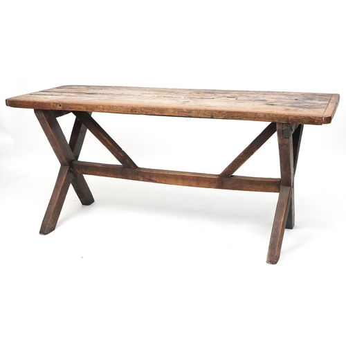 1033 - Industrial hardwood dining table with X stretcher, 71cm H x 157cm W x 60cm D