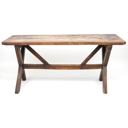 1033 - Industrial hardwood dining table with X stretcher, 71cm H x 157cm W x 60cm D