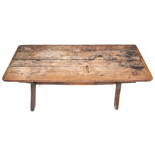 1033 - Industrial hardwood dining table with X stretcher, 71cm H x 157cm W x 60cm D