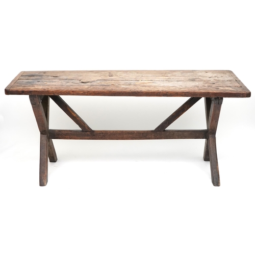 1033 - Industrial hardwood dining table with X stretcher, 71cm H x 157cm W x 60cm D