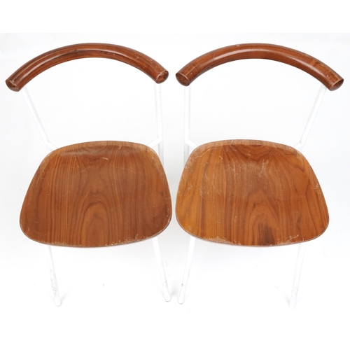 1083 - Manner of Calligaris, pair of contemporary metal framed hardwood bistro chairs, each 75cm high