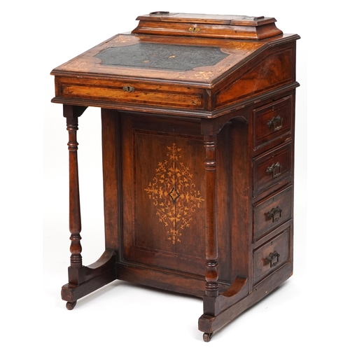 1030 - Victorian inlaid walnut and rosewood Davenport with lift up tops and side cupboard enclosing three s... 