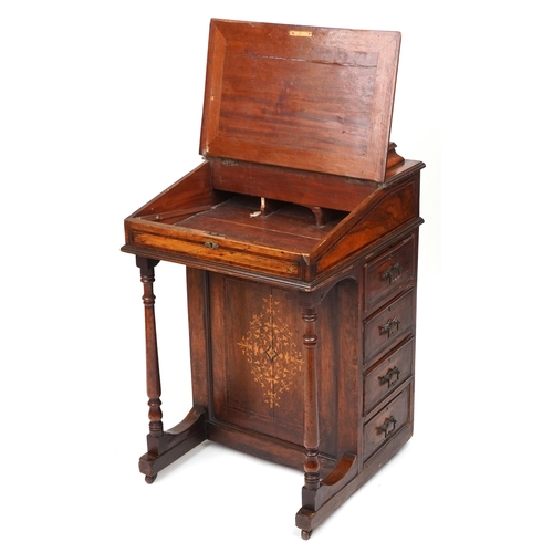 1030 - Victorian inlaid walnut and rosewood Davenport with lift up tops and side cupboard enclosing three s... 