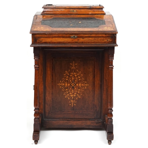 1030 - Victorian inlaid walnut and rosewood Davenport with lift up tops and side cupboard enclosing three s... 