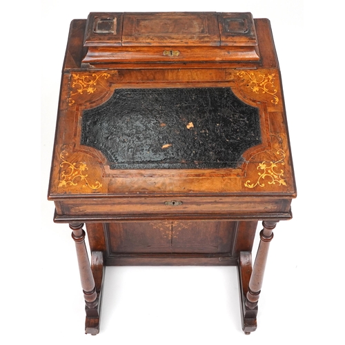 1030 - Victorian inlaid walnut and rosewood Davenport with lift up tops and side cupboard enclosing three s... 