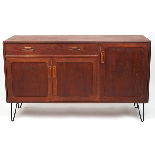 G Plan, Mid century Fresco teak sideboard on hairpin legs fitted with a door and an arrangement of three drawers, 81cm H x 138cm W x 44.5cm D