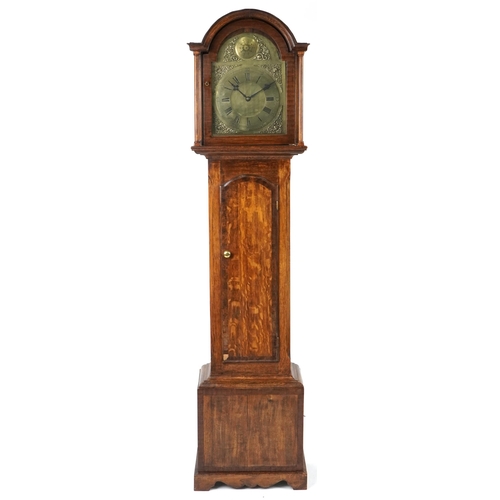 1100 - 19th century oak longcase clock with brass face having a circular dial with Roman and Arabic numeral... 