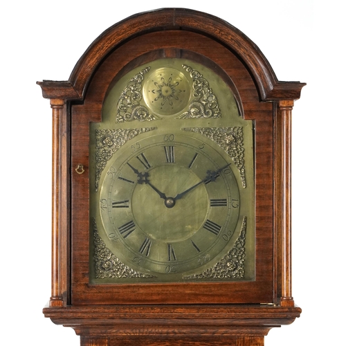 1100 - 19th century oak longcase clock with brass face having a circular dial with Roman and Arabic numeral... 