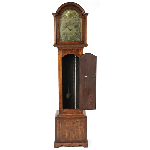 1100 - 19th century oak longcase clock with brass face having a circular dial with Roman and Arabic numeral... 