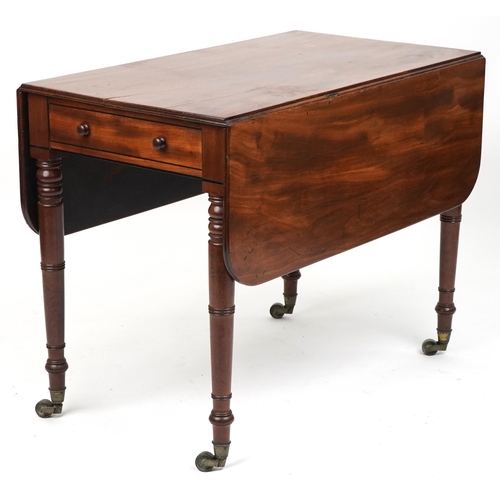 1120 - Early Victorian mahogany and ebony strung Pembroke drop leaf table with end drawer, 72cm H x 54.5cm ... 