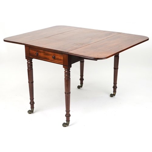 1120 - Early Victorian mahogany and ebony strung Pembroke drop leaf table with end drawer, 72cm H x 54.5cm ... 