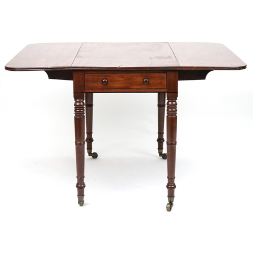 1120 - Early Victorian mahogany and ebony strung Pembroke drop leaf table with end drawer, 72cm H x 54.5cm ... 