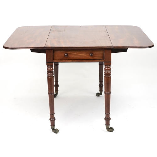 1120 - Early Victorian mahogany and ebony strung Pembroke drop leaf table with end drawer, 72cm H x 54.5cm ... 