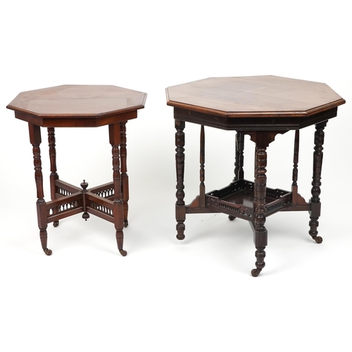 1198 - Two Edwardian mahogany centre tables with hexagonal tops, the largest 75cm high x 75cm in diameter