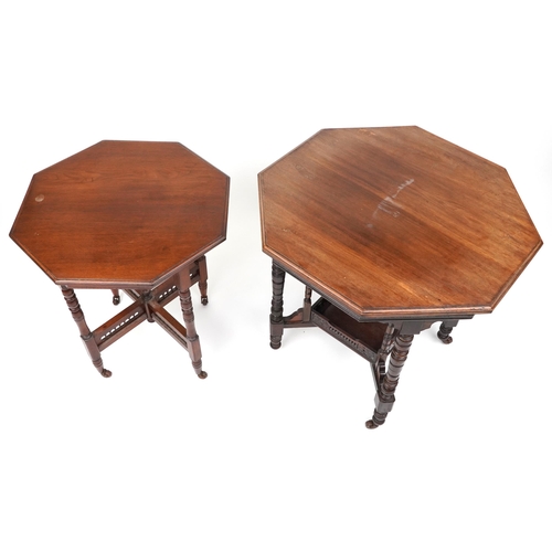 1198 - Two Edwardian mahogany centre tables with hexagonal tops, the largest 75cm high x 75cm in diameter