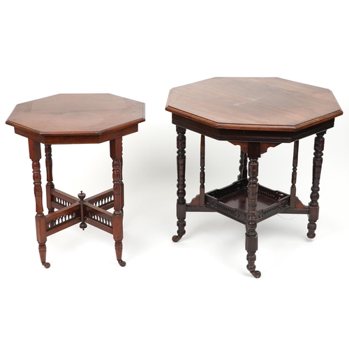 1198 - Two Edwardian mahogany centre tables with hexagonal tops, the largest 75cm high x 75cm in diameter