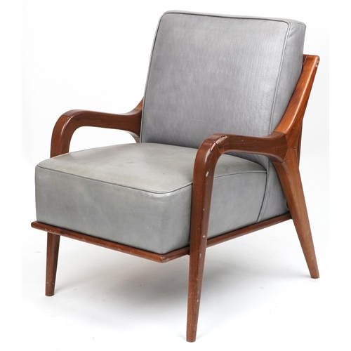 1046 - Scandinavian design hardwood lounge chair having a bluish grey upholstered back and seat, 86cm H x 6... 