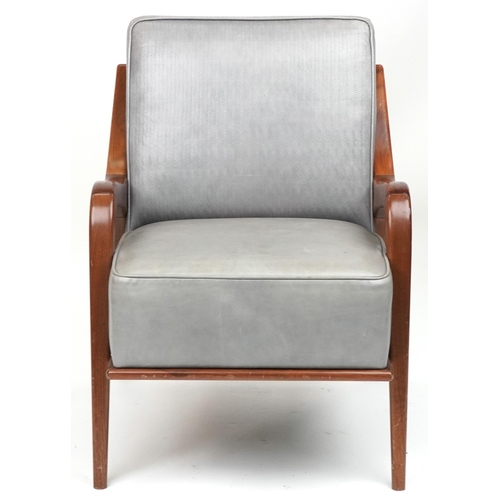 1046 - Scandinavian design hardwood lounge chair having a bluish grey upholstered back and seat, 86cm H x 6... 