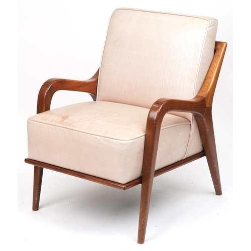 1031 - Scandinavian design hardwood lounge chair having a cream upholstered back and seat, 86cm H x 62.5cm ... 