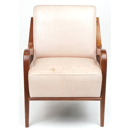 1031 - Scandinavian design hardwood lounge chair having a cream upholstered back and seat, 86cm H x 62.5cm ... 