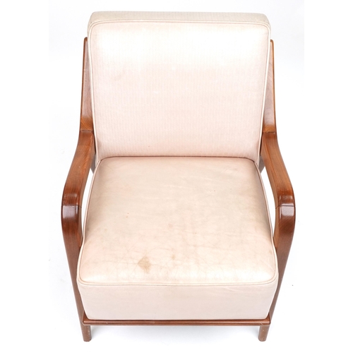 1031 - Scandinavian design hardwood lounge chair having a cream upholstered back and seat, 86cm H x 62.5cm ... 