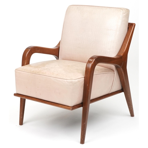 1032 - Scandinavian design hardwood lounge chair having a cream upholstered back and seat, 86cm H x 62.5cm ... 