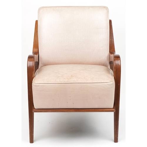 1032 - Scandinavian design hardwood lounge chair having a cream upholstered back and seat, 86cm H x 62.5cm ... 