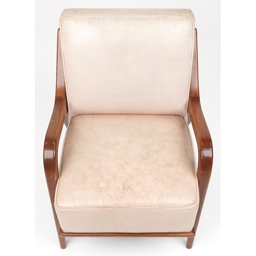 1032 - Scandinavian design hardwood lounge chair having a cream upholstered back and seat, 86cm H x 62.5cm ... 