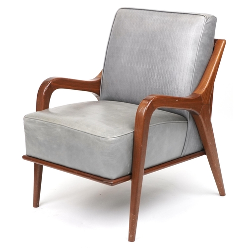 1047 - Scandinavian design hardwood lounge chair having a bluish grey upholstered back and seat, 86cm H x 6... 