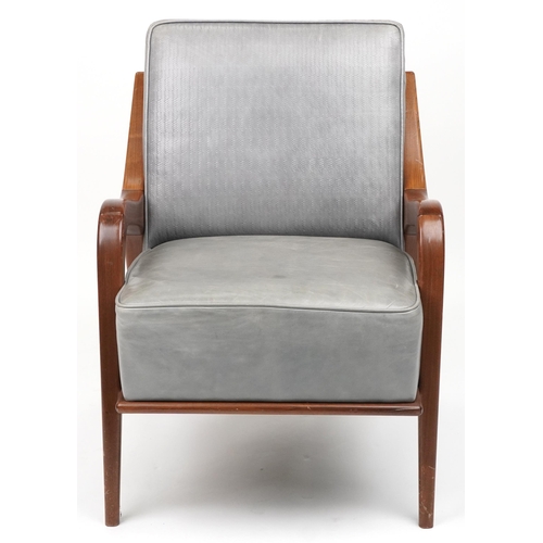 1047 - Scandinavian design hardwood lounge chair having a bluish grey upholstered back and seat, 86cm H x 6... 