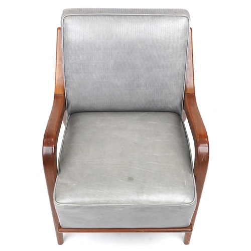 1047 - Scandinavian design hardwood lounge chair having a bluish grey upholstered back and seat, 86cm H x 6... 