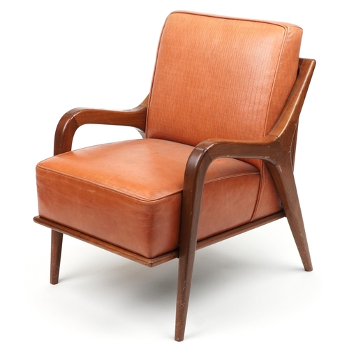 1021 - Scandinavian design hardwood lounge chair having a tan upholstered back and seat, 86cm H x 62.5cm W ... 