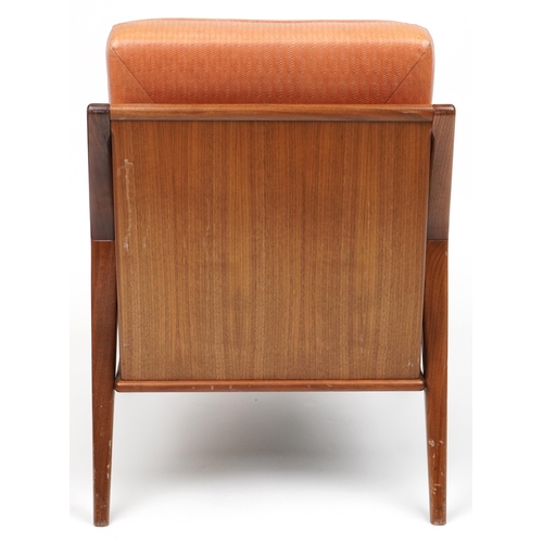 1021 - Scandinavian design hardwood lounge chair having a tan upholstered back and seat, 86cm H x 62.5cm W ... 