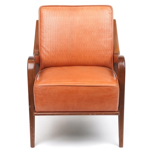 1022 - Scandinavian design hardwood lounge chair having a tan upholstered back and seat, 86cm H x 62.5cm W ... 