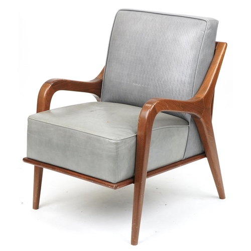 1113 - Scandinavian design hardwood lounge chair having a bluish grey upholstered back and seat, 86cm H x 6... 