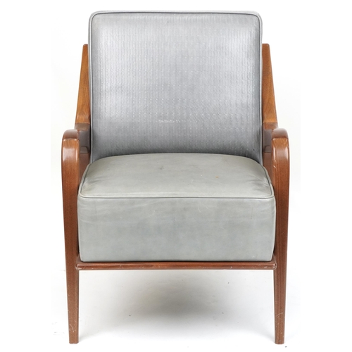 1113 - Scandinavian design hardwood lounge chair having a bluish grey upholstered back and seat, 86cm H x 6... 