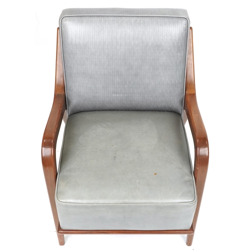 1113 - Scandinavian design hardwood lounge chair having a bluish grey upholstered back and seat, 86cm H x 6... 