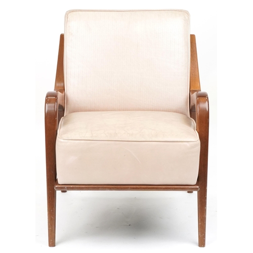 1110 - Scandinavian design hardwood lounge chair having a cream upholstered back and seat, 86cm H x 62.5cm ... 