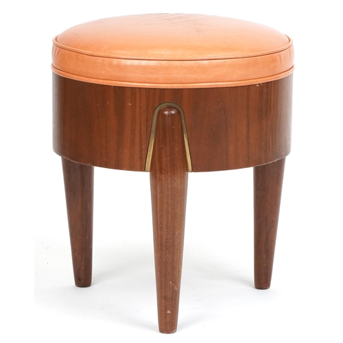 1011 - Scandinavian design hardwood three legged rocket stool with tan upholstered cushioned seat, 45cm H x... 