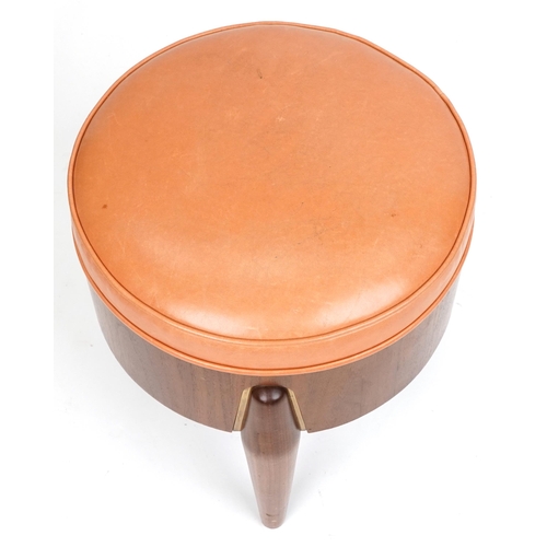 1011 - Scandinavian design hardwood three legged rocket stool with tan upholstered cushioned seat, 45cm H x... 