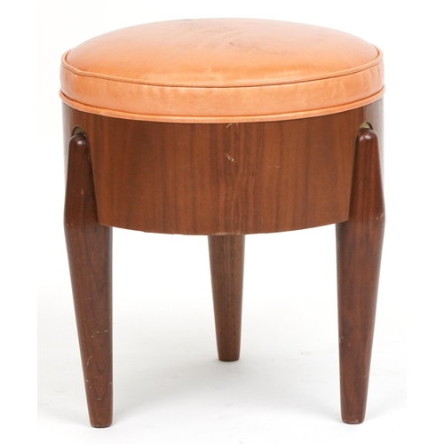 1011 - Scandinavian design hardwood three legged rocket stool with tan upholstered cushioned seat, 45cm H x... 