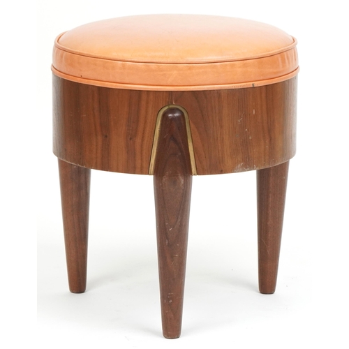 1010 - Scandinavian design hardwood three legged rocket stool with tan upholstered cushioned seat, 45cm H x... 