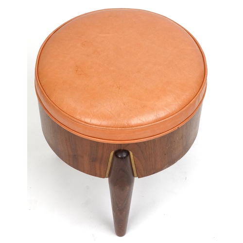 1010 - Scandinavian design hardwood three legged rocket stool with tan upholstered cushioned seat, 45cm H x... 