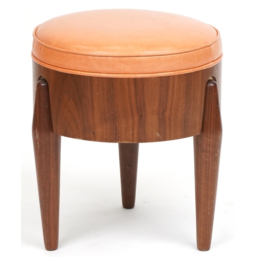 1010 - Scandinavian design hardwood three legged rocket stool with tan upholstered cushioned seat, 45cm H x... 