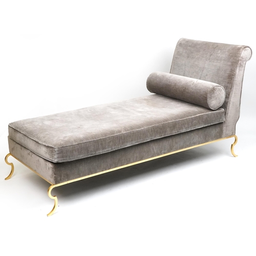 1025 - Contemporary grey upholstered chaise longue with gilt metal frame, 91cm H x 175cm W x 77cm D