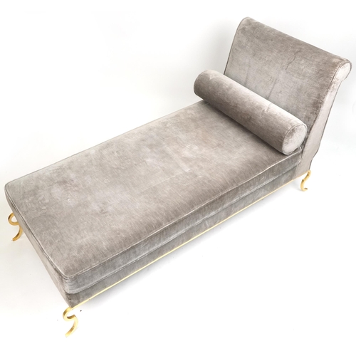 1025 - Contemporary grey upholstered chaise longue with gilt metal frame, 91cm H x 175cm W x 77cm D